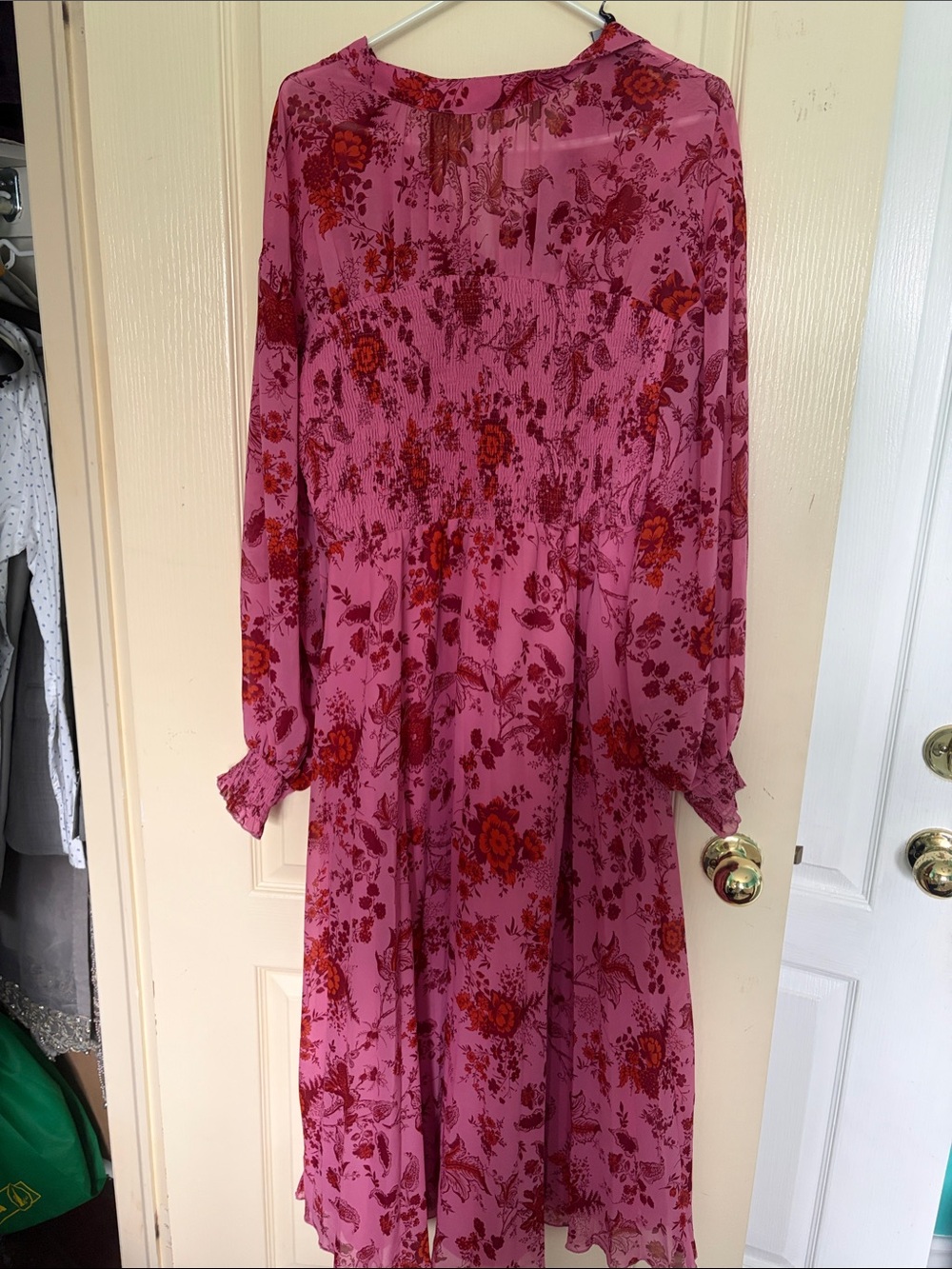 ASOS Rose Pink Floral Long-Sleeve Midi Dress with Red Blooms